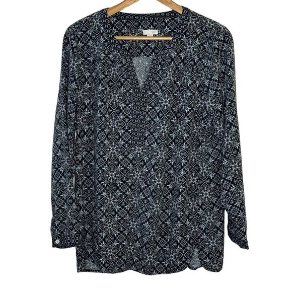 J. Jill Women's Blue Scroll Print V-Neck Long Sleeve Tunic Blouse Size Medium - Picture 2 of 8